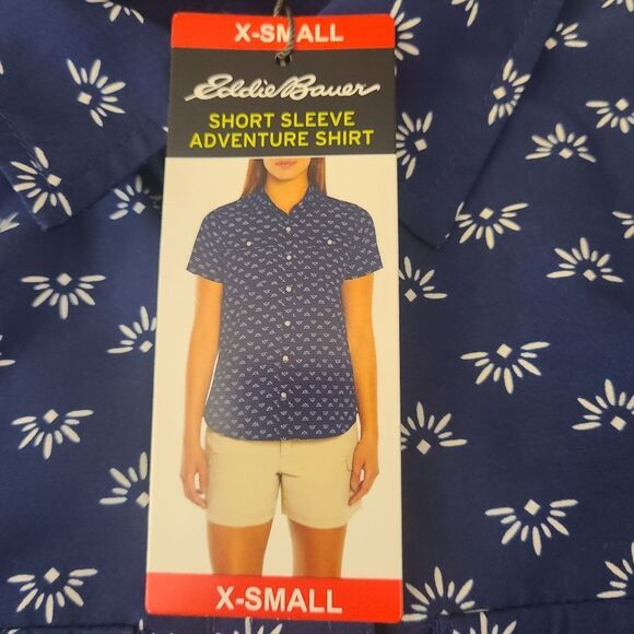 Eddie Bauer TOP Buttoned Short-Sleeved Cute Navy White Print Size XS - Picture 5 of 12